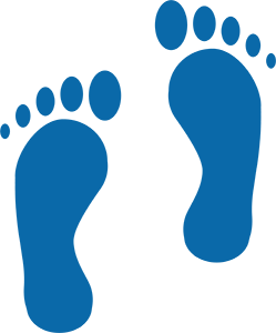 The image displays a graphic of two feet, one with a blue footprint and the other with a black sole, against a dark background.